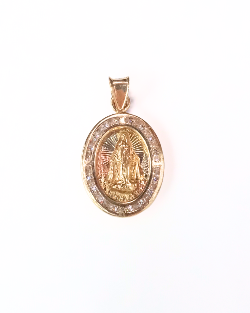 MEDALLA DE LA VIRGEN MILAGROSA CON CIRCONIAS DE ORO 14K