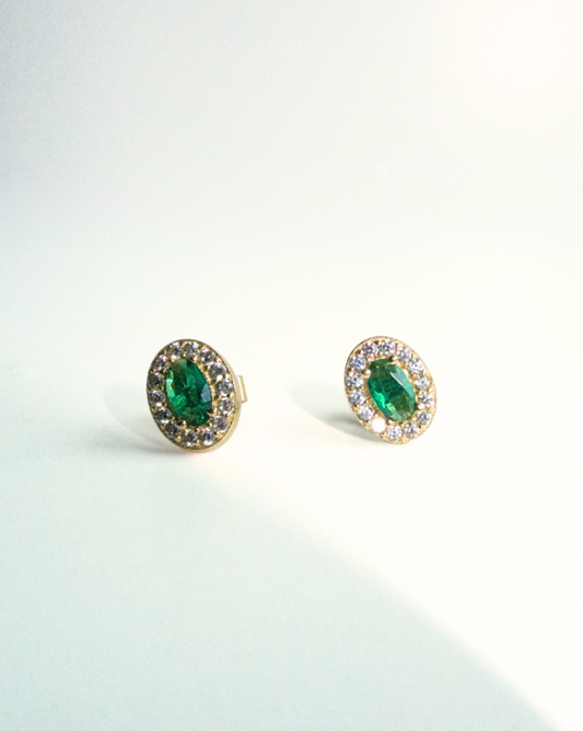 ARETES DE ORO 14K CON CIRCONIA OVAL VERDE ESMERALDA SKU: OR0434