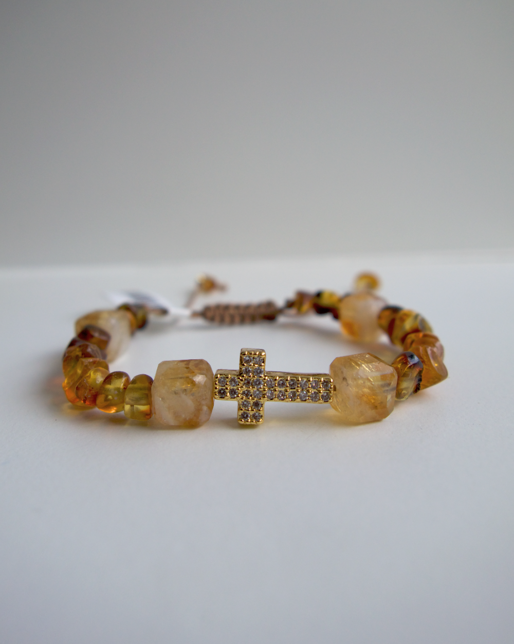 PULSERA CRUZ BAÑO DE ORO DE ÁMBAR CON CITRINO