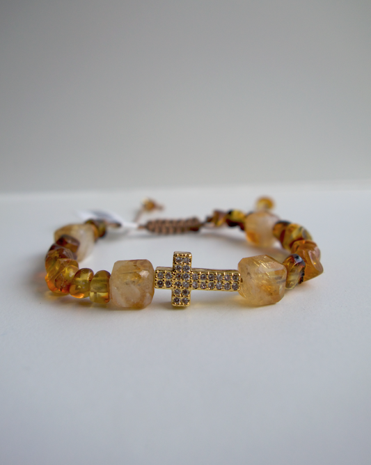PULSERA CRUZ BAÑO DE ORO DE ÁMBAR CON CITRINO