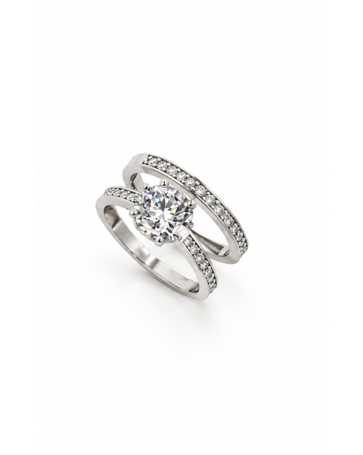 Set de Anillos Solitario y Churumbela con Circonias Oro Blanco 14K