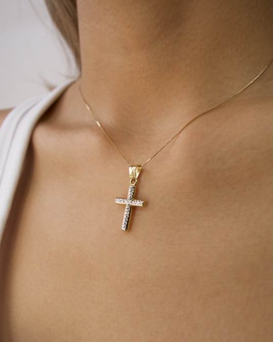 DIJE DE CRUZ FACETADA ORO BLANCO y ORO AMARILLO 14K