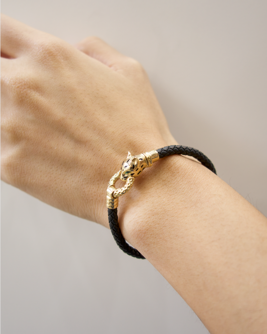 PULSERA DE CUERO CON CABEZA DE JAGUAR DE ORO 14K  SKU: OR0360