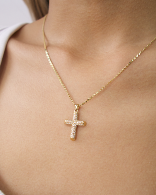DIJE DE CRUZ 3D CON CIRCONIAS DE ORO 14 K