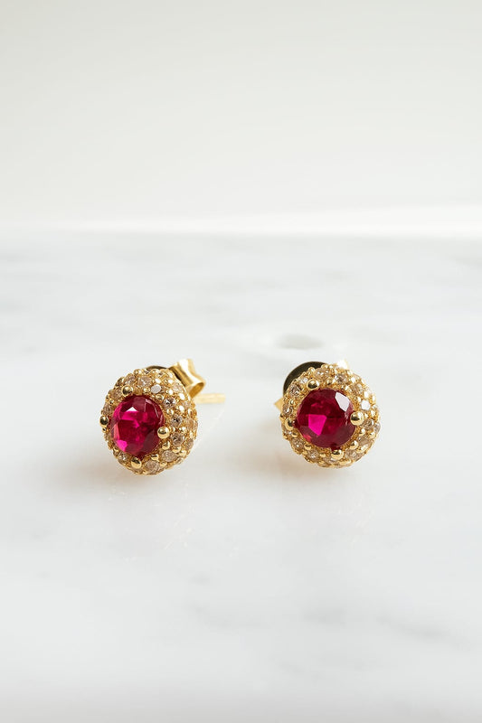 ARETES DE ORO 14K CON CIRCONIA FUCSIA