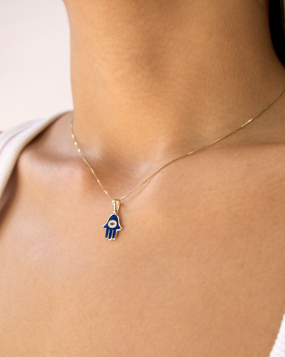 DIJE DE ORO 14K MANO DE FATIMA OJO TURCO AZUL