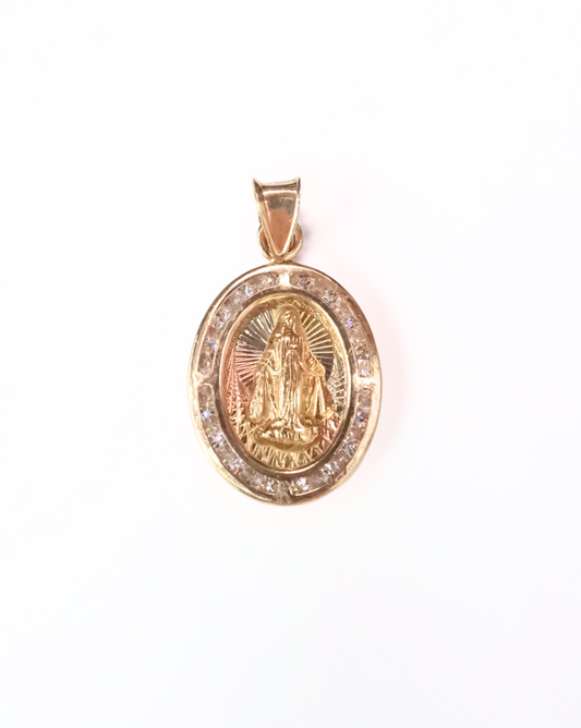 MEDALLA DE LA VIRGEN MILAGROSA CON CIRCONIAS DE ORO 14K