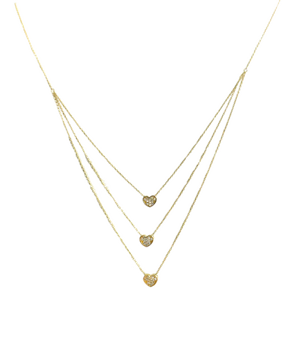 COLLAR TRIPLE 3 CORAZONES CON CIRCONIAS ORO 14K    SKU: ORO191