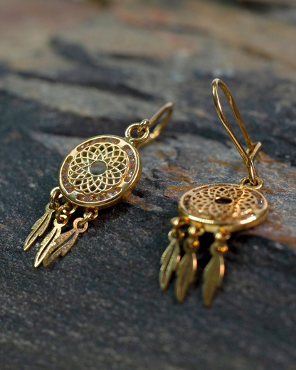 ARETES DE ATRAPASUEÑOS COLGANTES DE ORO 14K SKU: ORO76