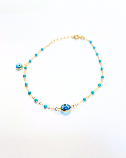 PULSERA OJOS TURCOS AZUL TURQUESA ORO 14K SKU ORO54