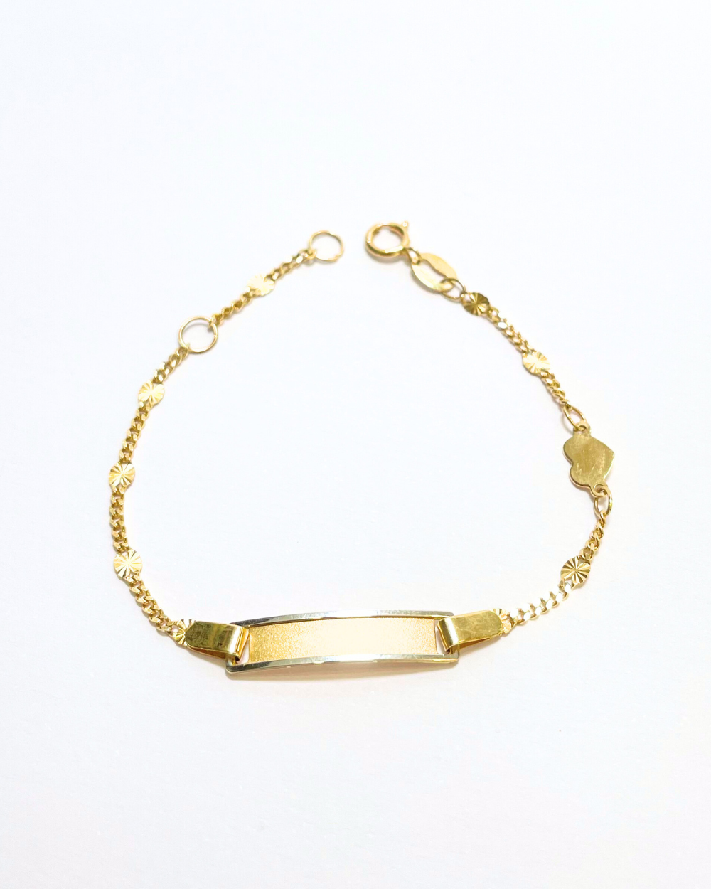 ESCLAVA CON PLACA BEBE  CON CHARMS CORAZON ORO14K    SKU:ORO56