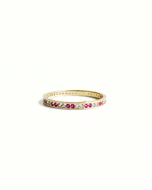 ANILLO CON CIRCONAS ROSAS Y BLANCAS  ORO 14K SKU: ORO91