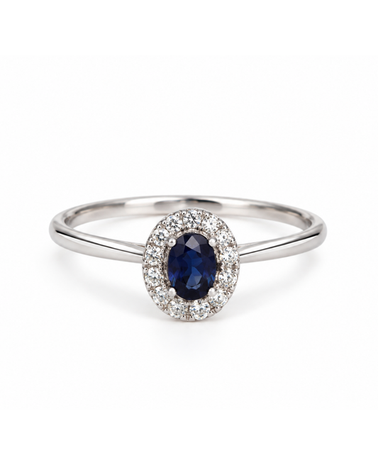 Anillo de Oro Blanco 14K con Zafiro Azul y Diamantes