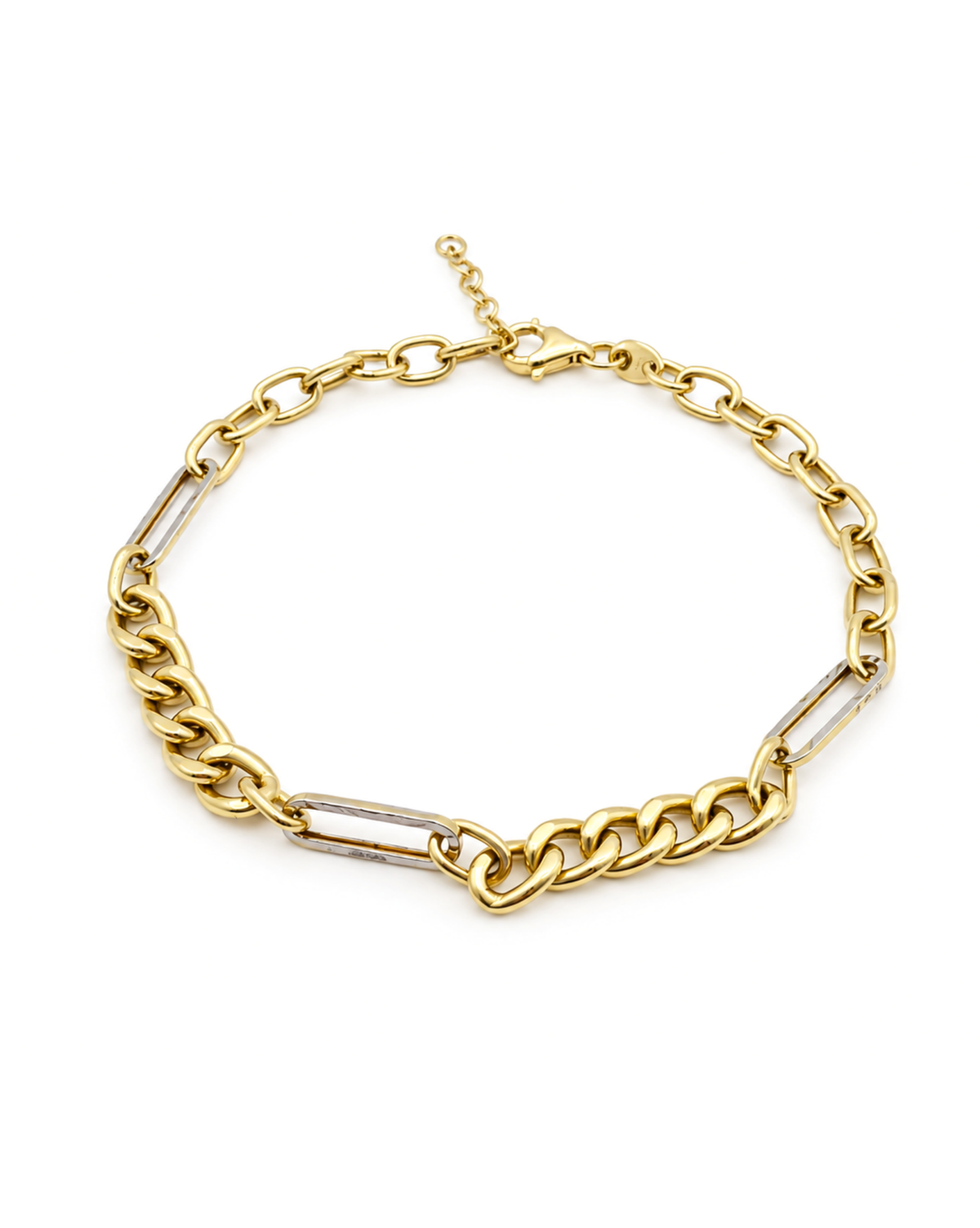 Pulsera de oro 14k con eslabones  circulares y ovalados facetados en oro blanco 3.2g L5