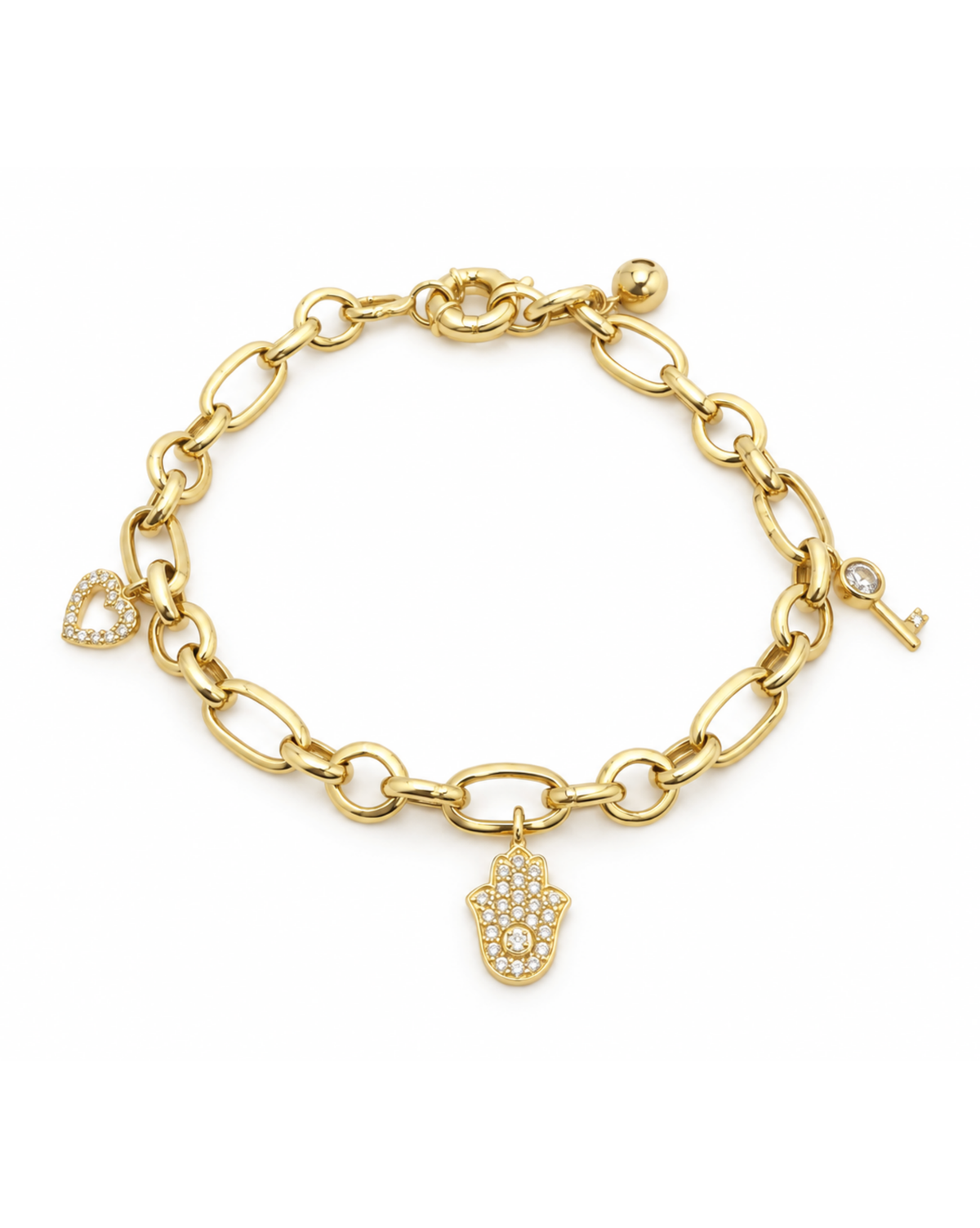 Pulsera  con charms de mano de fatima, llave y corazón con brocre de marinero 5.3g L5