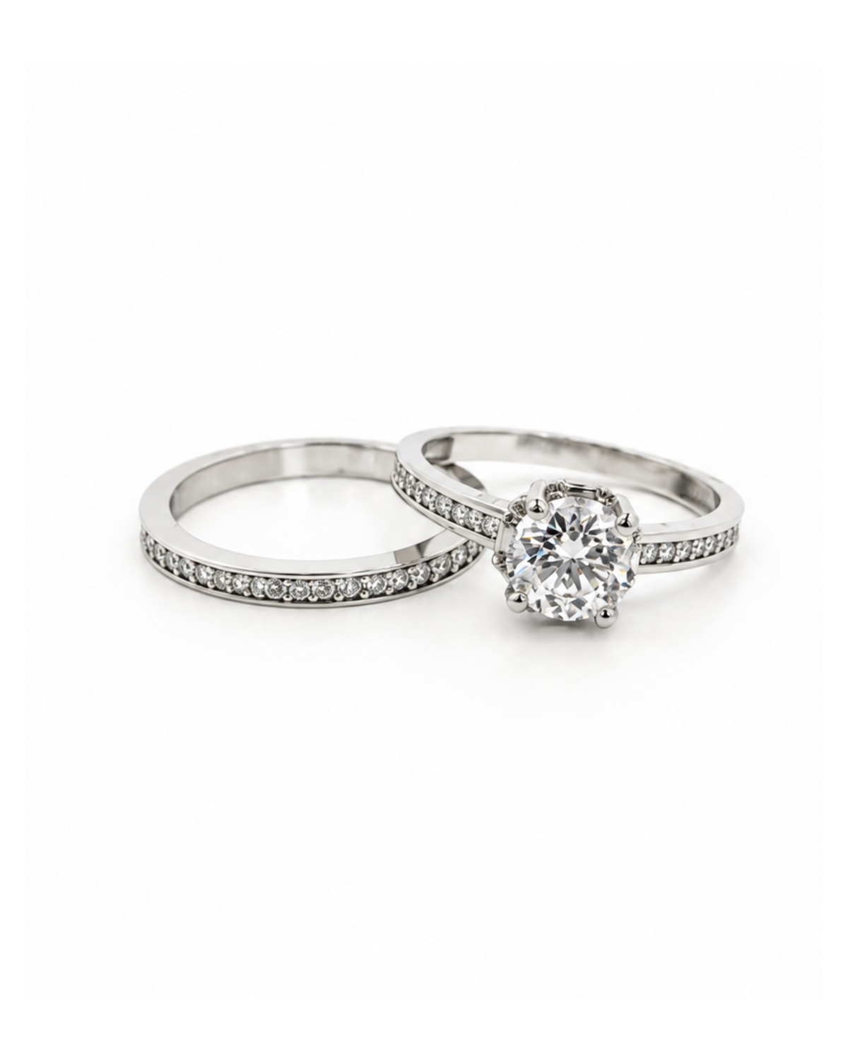 Set de Anillos Solitario y Churumbela con Circonias Oro Blanco 14K