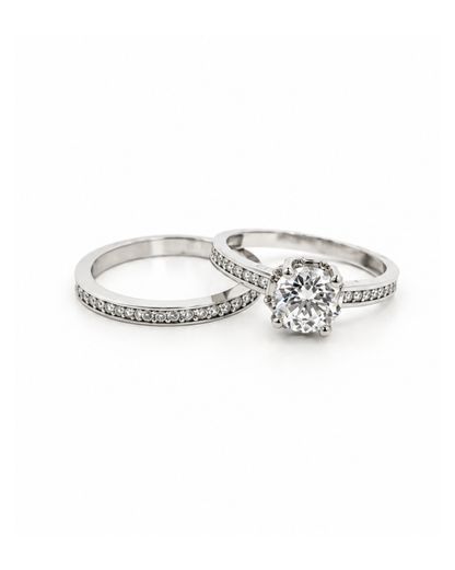 Set de Anillos Solitario y Churumbela con Circonias Oro Blanco 14K