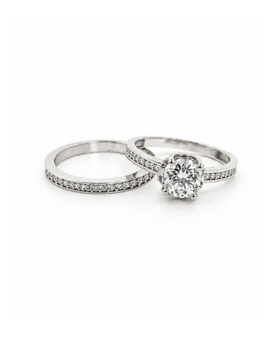 Set de Anillos Solitario y Churumbela con Circonias Oro Blanco 14K