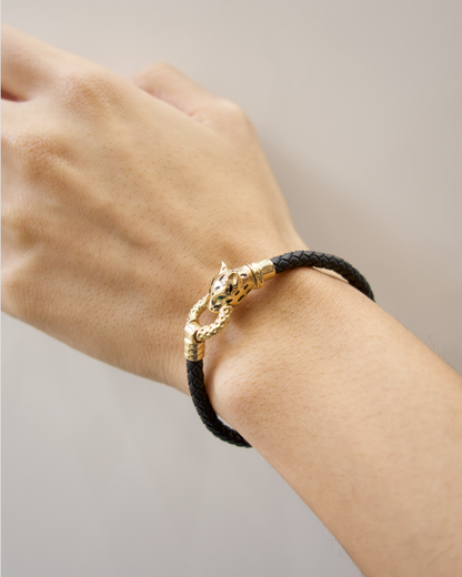 PULSERA DE CUERO CON CABEZA DE JAGUAR DE ORO 14K  SKU: OR0360