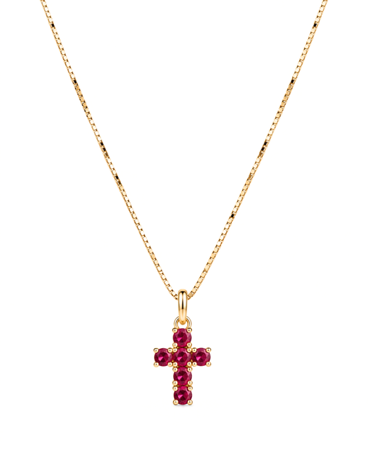 Collar de Oro Amarillo 14K con Dije de Cruz y Rubíes