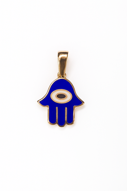 DIJE DE ORO 14K MANO DE FATIMA OJO TURCO AZUL