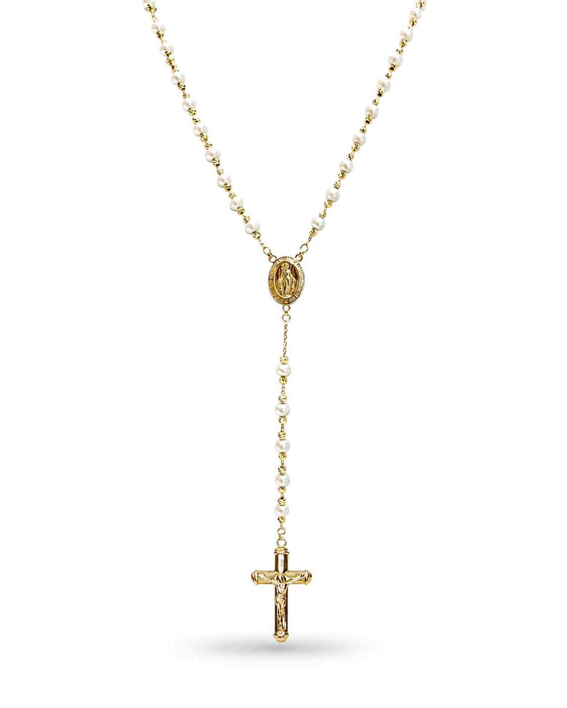 Rosario de Oro 14k con  esferas facetadas y perlas SKU: OR0361