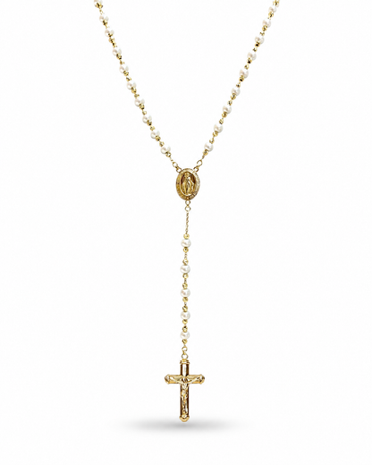 Rosario de Oro 14k con  esferas facetadas y perlas SKU: OR0361