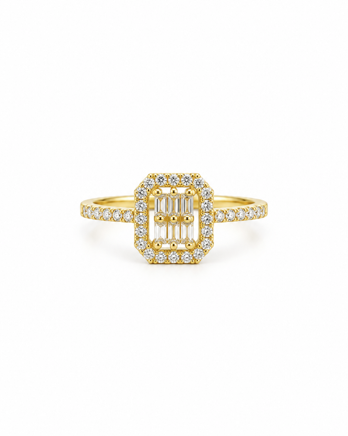 Anillo Rectangular con Circonias y Baguettes Oro 14K SKU: ORO107