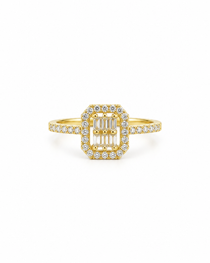 Anillo Rectangular con Circonias y Baguettes Oro 14K SKU: ORO107