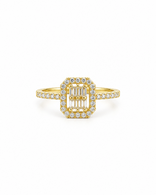 Anillo Rectangular con Circonias y Baguettes Oro 14K SKU: ORO107