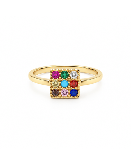 Anillo Cuadro Multicolor de Oro Amarillo 14K