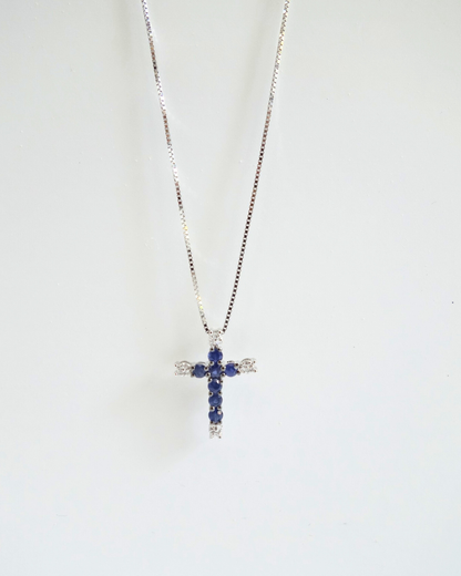 Collar de Cruz de Oro blanco 14K con zafiros y Diamantes SKU:OR0550