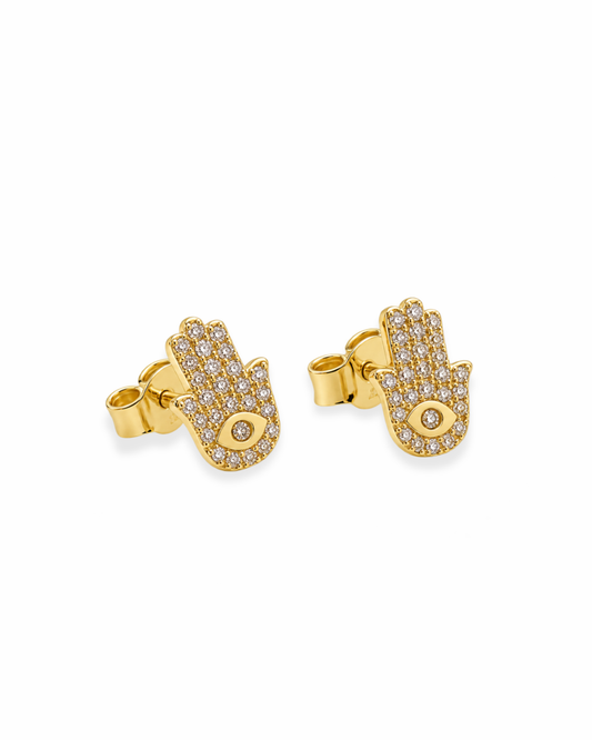 Aretes mano de fátima circonias oro 14k N10378