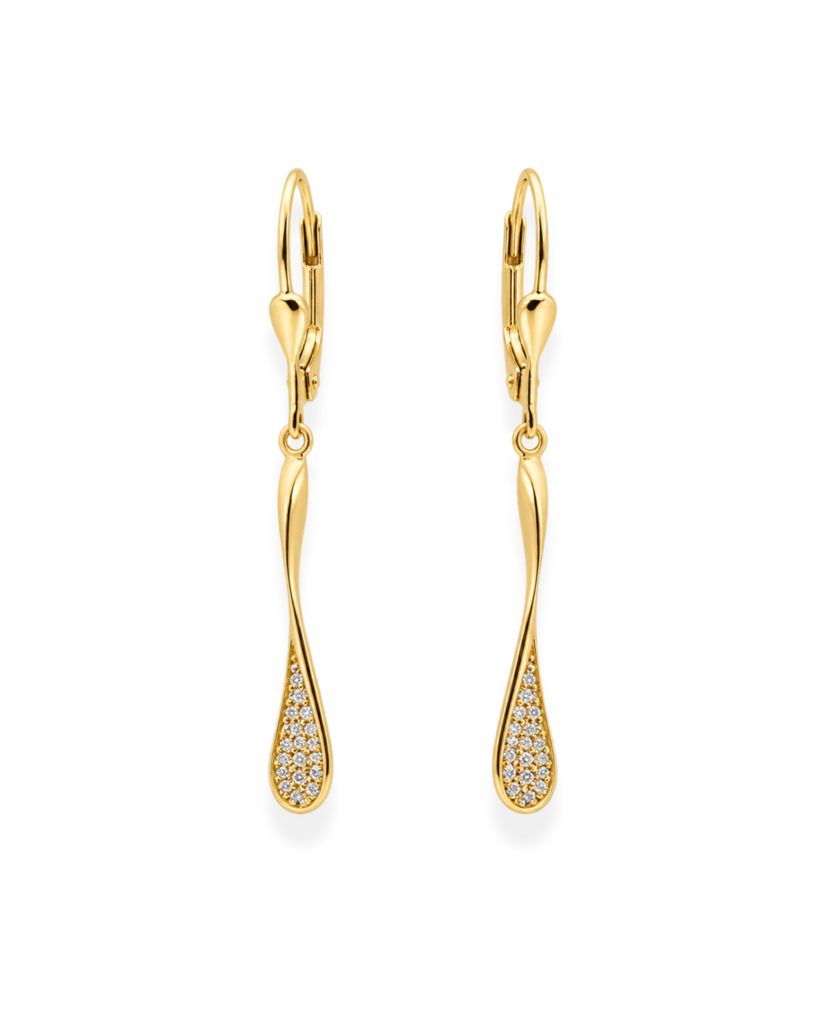 Aretes colgantes hoja larga torcida mitad circonia oro 14k N10378