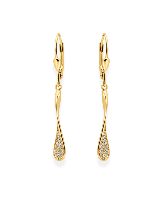 Aretes colgantes hoja larga torcida mitad circonia oro 14k N10378