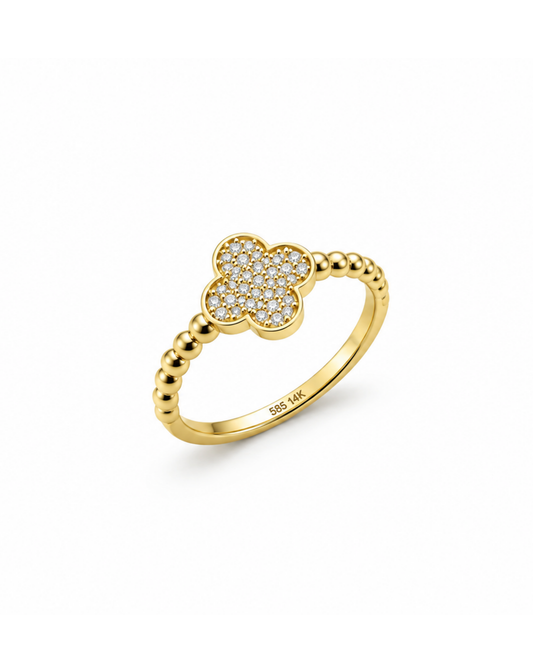Anillo Trébol con Circonias y Esferas Oro 14K