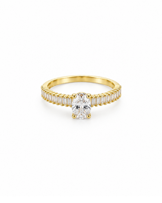 Anillo Solitario Oro Amarillo 14K con Circonias Baguette