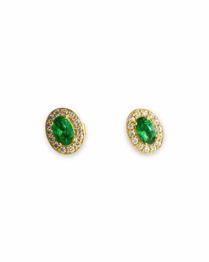 ARETES DE ORO 14K CON CIRCONIA OVAL VERDE ESMERALDA SKU: OR0434