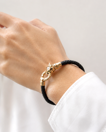 PULSERA DE CUERO CON CABEZA DE JAGUAR DE ORO 14K  SKU: OR0360